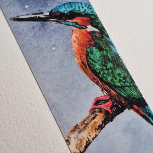 Handmade Kingfisher Bookmark | Watercolor Art Print, Nature Lover Gift | Laminated double sided