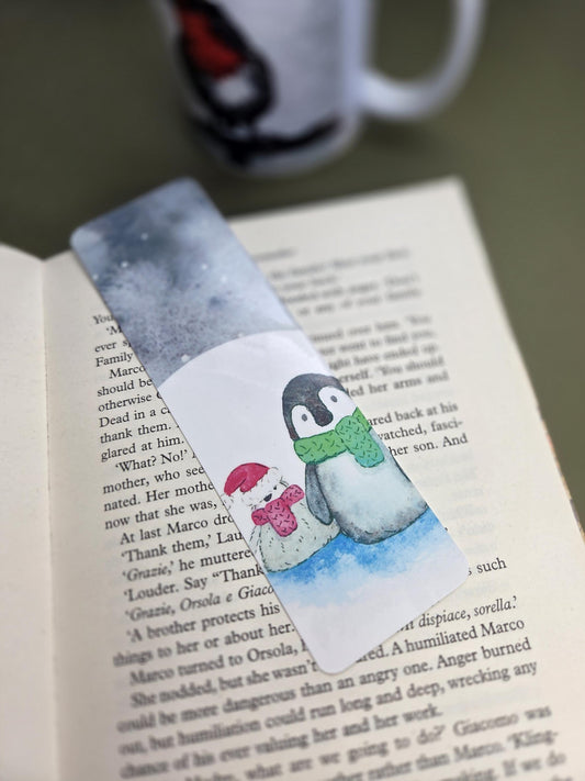Handmade art print bookmark | watercolour nature bookmark | wildlife page marker | moonlit snowy penguin family