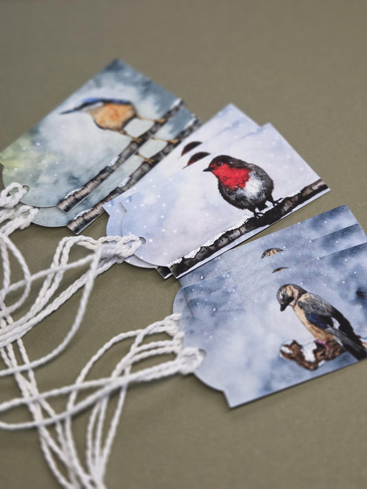 Handmade art print gift tags | watercolour nature | wildlife robin Jay nuthatch | assorted 9 pack