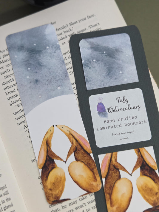 Handmade art print bookmark | watercolour nature bookmark | laminated double sided | wildlife kissing hares