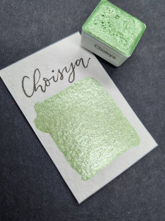 Handmade Green Shimmer Watercolor Paint | Vegan Mica Half Pan | Choisya