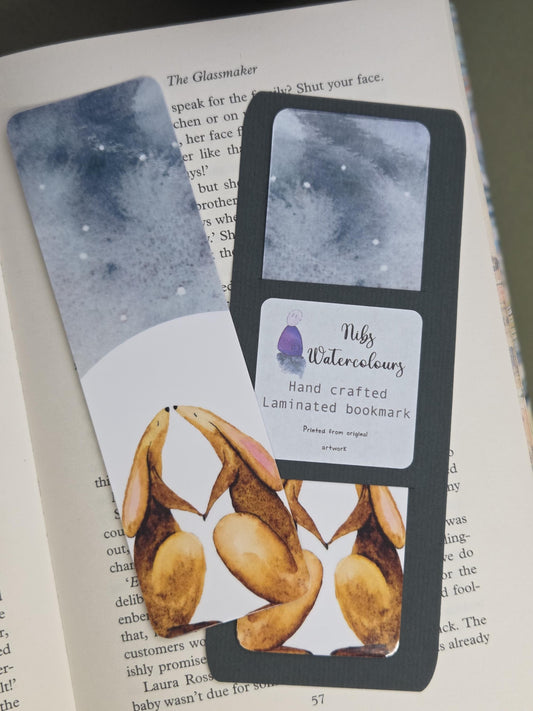 Handmade art print bookmark | watercolour nature bookmark | laminated double sided | wildlife kissing hares