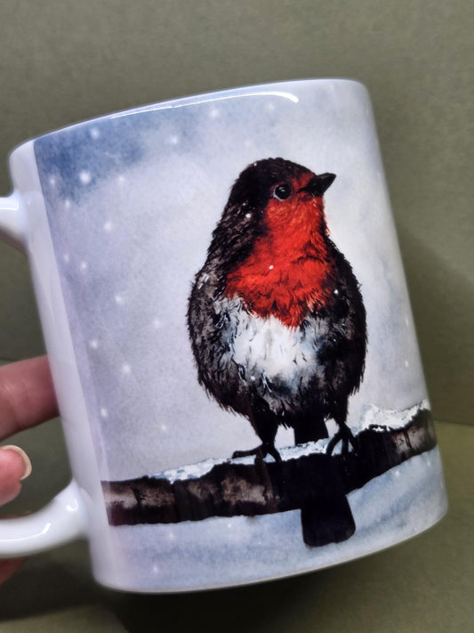 Hand printed Art Print mug | wrap around watercolour robin | original wildlife painting