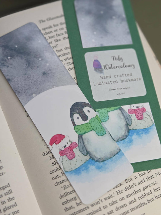 Handmade art print bookmark | watercolour nature bookmark | wildlife page marker | moonlit snowy penguin family