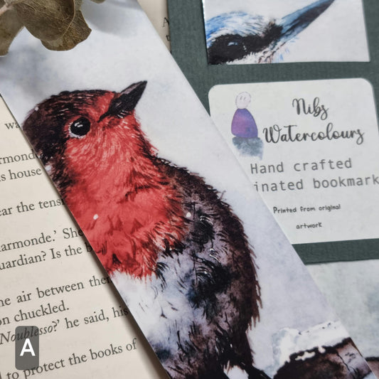 Handmade art print bookmark | watercolour nature bookmark | laminated double sided | wildlife robin