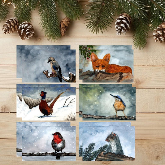 Watercolor Christmas Cards | UK Wildlife Art Print, Pack of 12