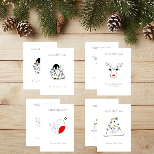 Handmade Christmas Cards: Whimsical Animal Designs, Personalized Pack of 8