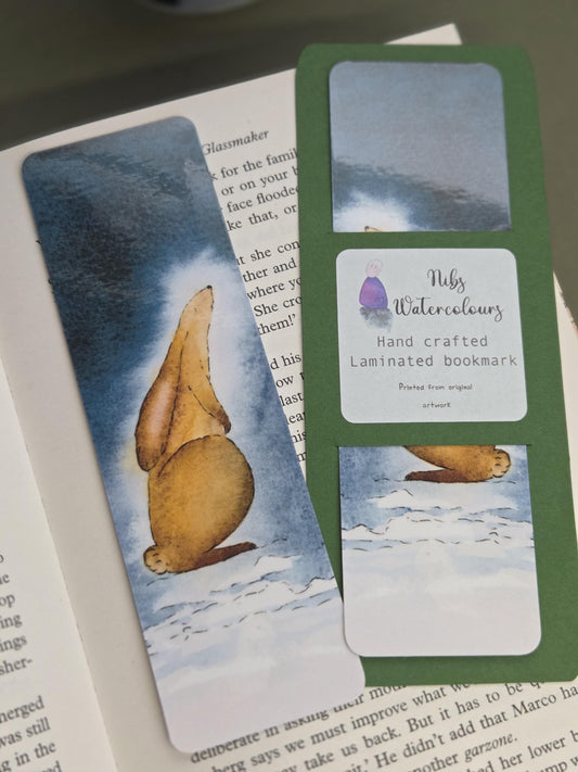 Handmade art print bookmark | watercolour nature bookmark | laminated double sided | moonlight winter hare