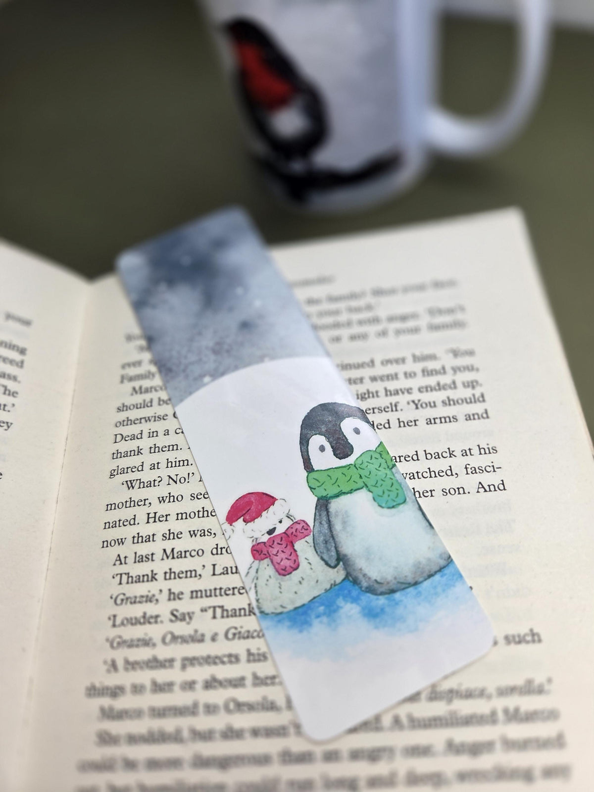 Handmade art print bookmark | watercolour nature bookmark | wildlife page marker | moonlit snowy penguin family
