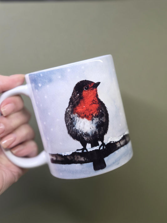 Hand printed Art Print mug | wrap around watercolour robin | original wildlife painting