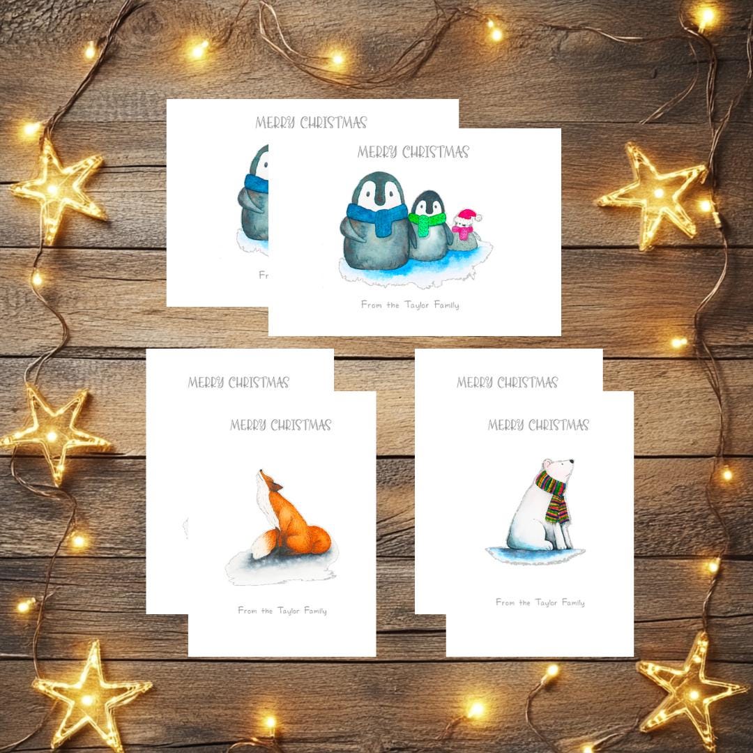 Handmade Festive Animal Christmas Cards - Set of 6, Personalised Option
