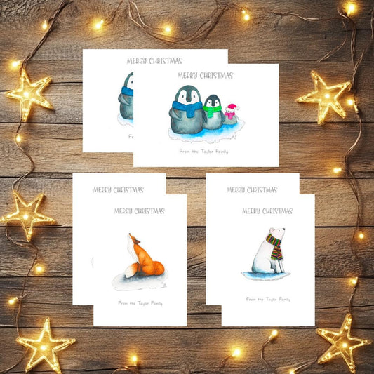 Handmade Festive Animal Christmas Cards - Set of 6, Personalised Option
