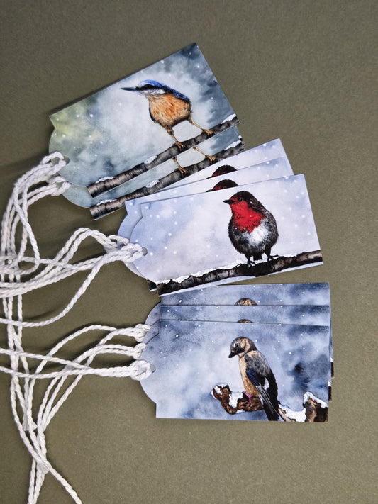 Handmade art print gift tags | watercolour nature | wildlife robin Jay nuthatch | assorted 9 pack