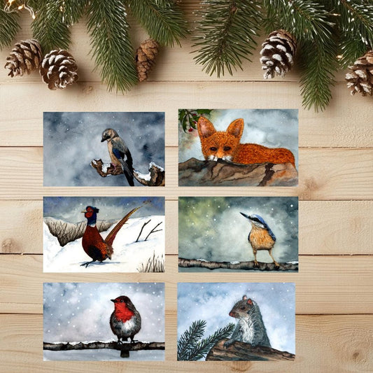 Watercolor Christmas Cards | UK Wildlife Art Prints, Pack of 6